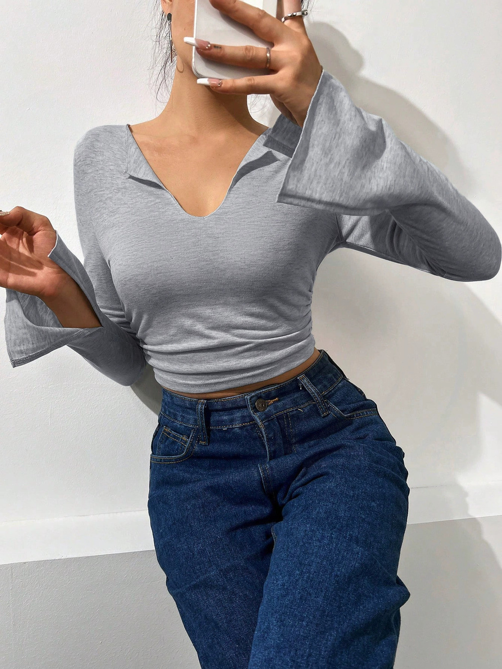 ZARA Sexy Fall Winter Deep V-Neck Slim Fit Short Pleated Flare Sleeve Top